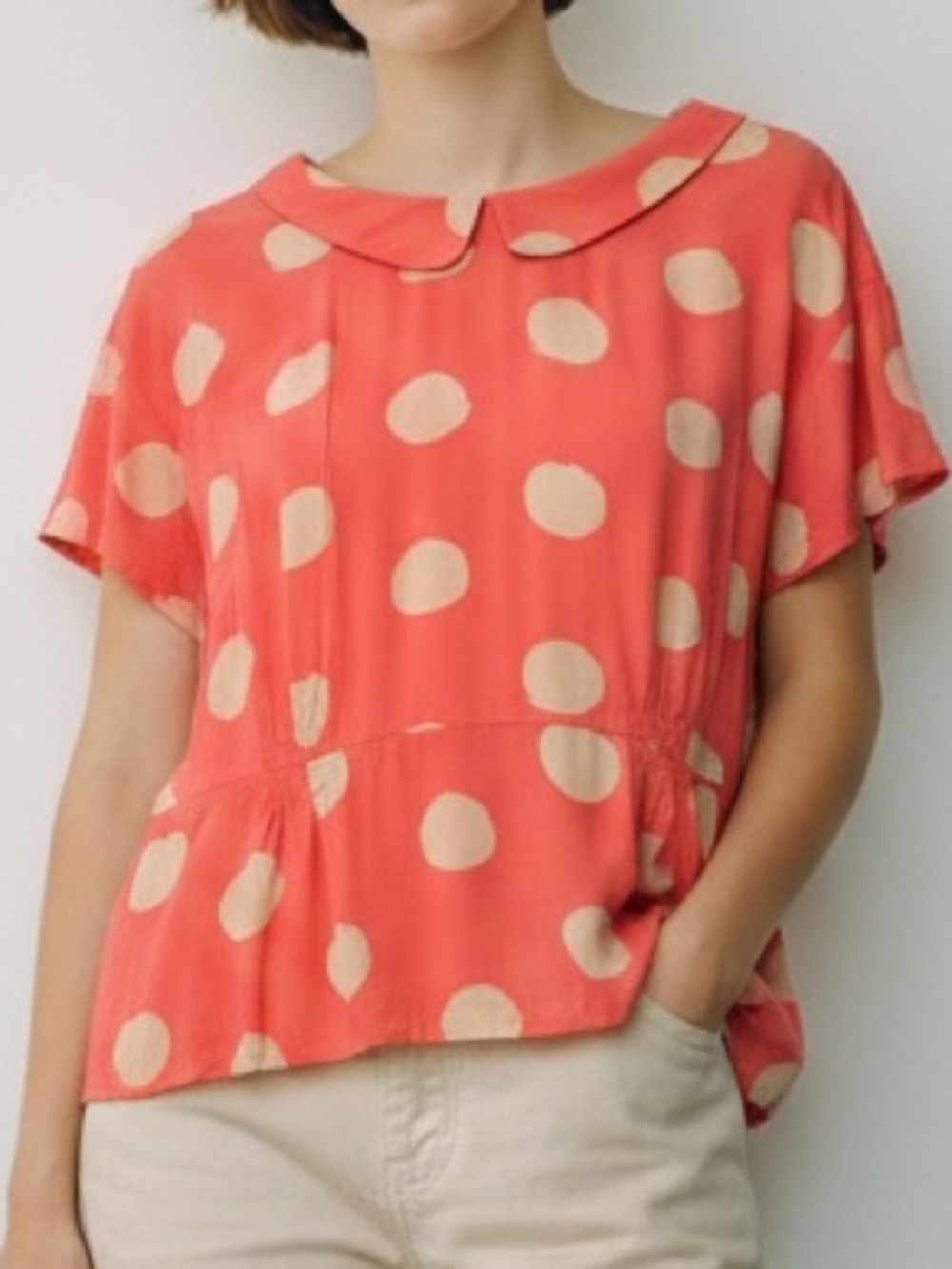 Boden Coral Polka Dot Peter Pan Collar Short-Sleeve Tunic Size 16